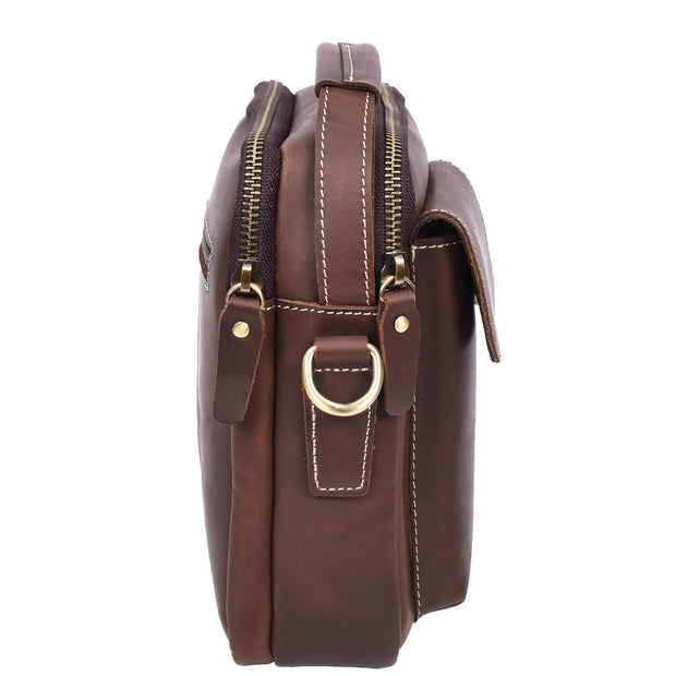 Mens Real Leather Messenger Bag Multiple Zip Pockets Sling Organiser Bag AYD8 Brown Hunter-3