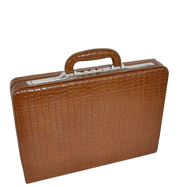 Slimline Brown Leather Attaché Case Croc-Print Briefcase Dual Lock Office Bag Mark-1