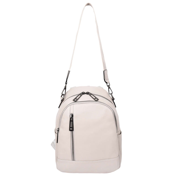 Womens Real Leather Backpack Multi-Zip Pockets Shoulder Bag Rucksack A665 Off White-4