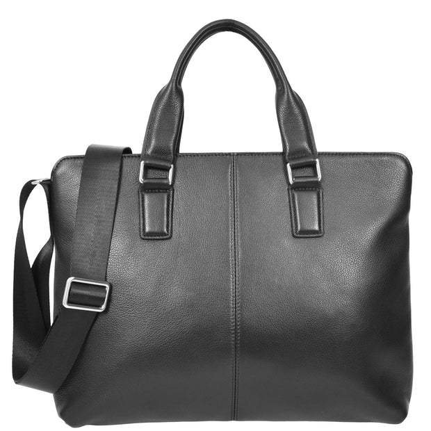 Full Grain Leather Briefcase Slimline Multi Pockets Satchel Organiser Office Bag A981 Black-1