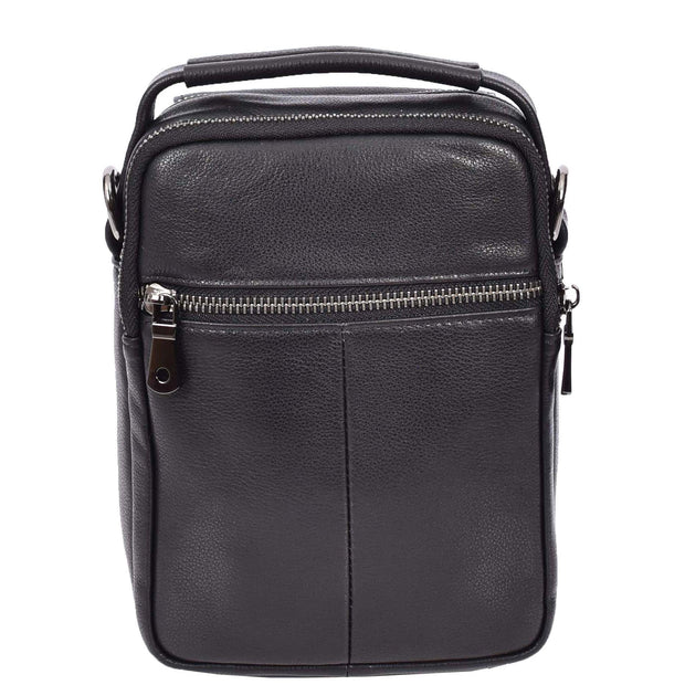 Mens Top Grain Black Leather Small Messenger Bag Multiple Pockets Casual Crossbody Organiser AD60