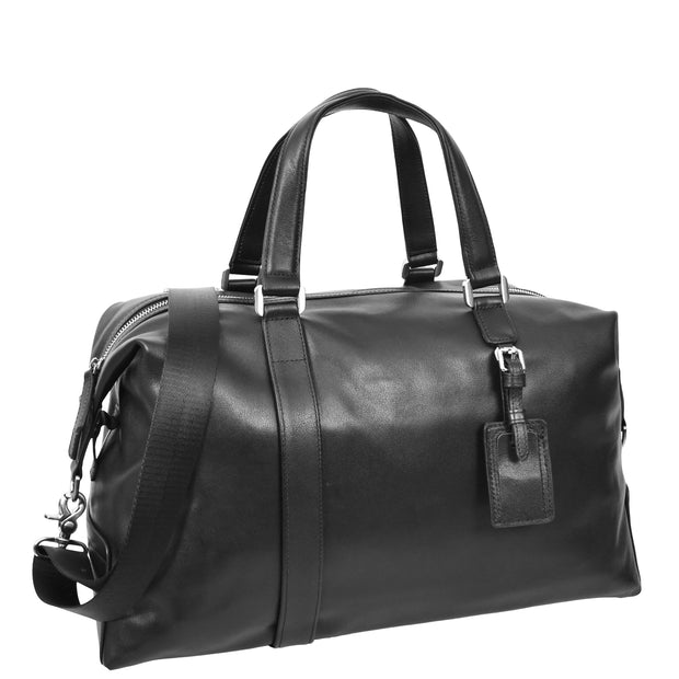 Real Leather Holdall Mid Size Padded Laptop Section Weekend Travel Duffle A007 Black-1