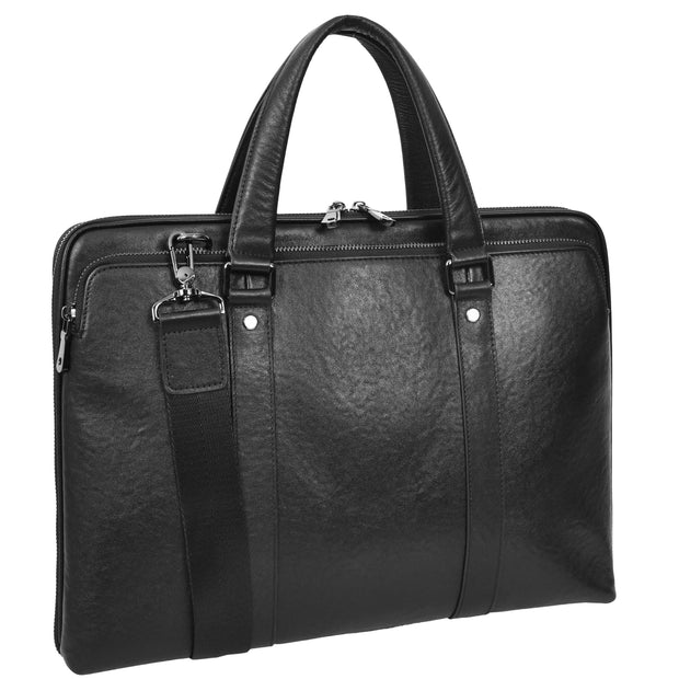 Women Men Leather Briefcase Slimline Multiple Zip Pockets Messenger Satchel Bag A978 Black-8