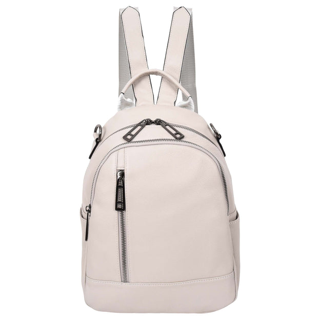 Womens Real Leather Backpack Multi-Zip Pockets Shoulder Bag Rucksack A665 Off White-1