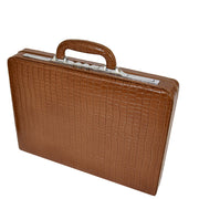 Slimline Brown Leather Attaché Case Croc-Print Briefcase Dual Lock Office Bag Mark-3