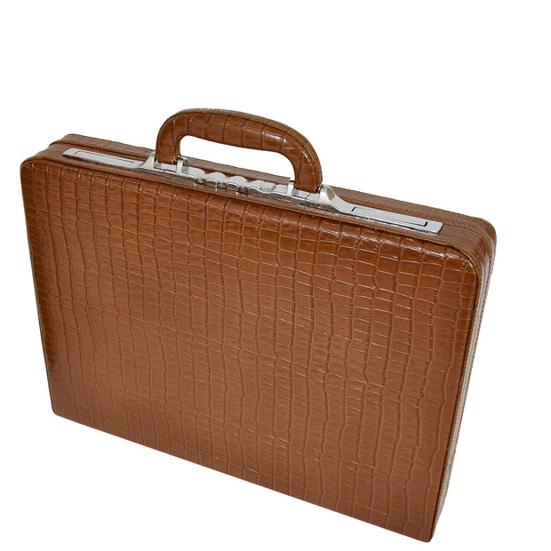 Slimline Brown Leather Attaché Case Croc-Print Briefcase Dual Lock Office Bag Mark-3