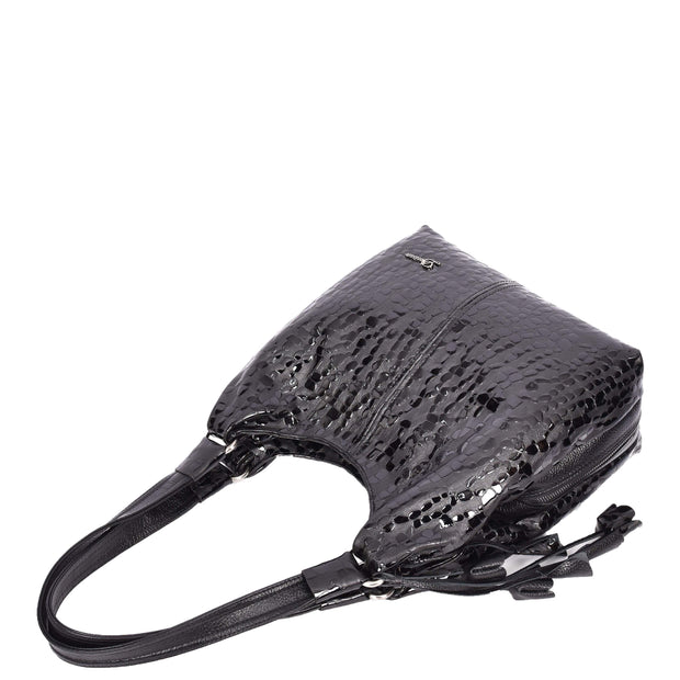 Croc-Print Women's Leather Shoulder Bag Large Hobo Casual Outgoing Handbag A71 Black-4