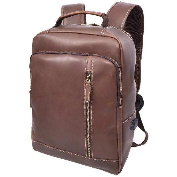 Real Leather Backpack Laptop USB Port Multiple Pockets Rucksack A176 Brown Hunter-6