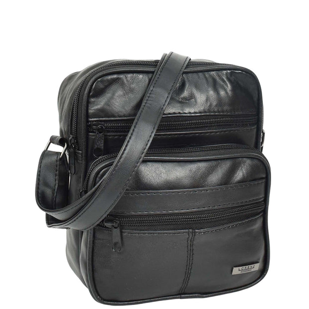 Mens Black Leather Flight Bag Cross Body Multi Pocket Messenger A145