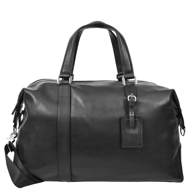 Real Leather Holdall Mid Size Padded Laptop Section Weekend Travel Duffle A007 Black-8