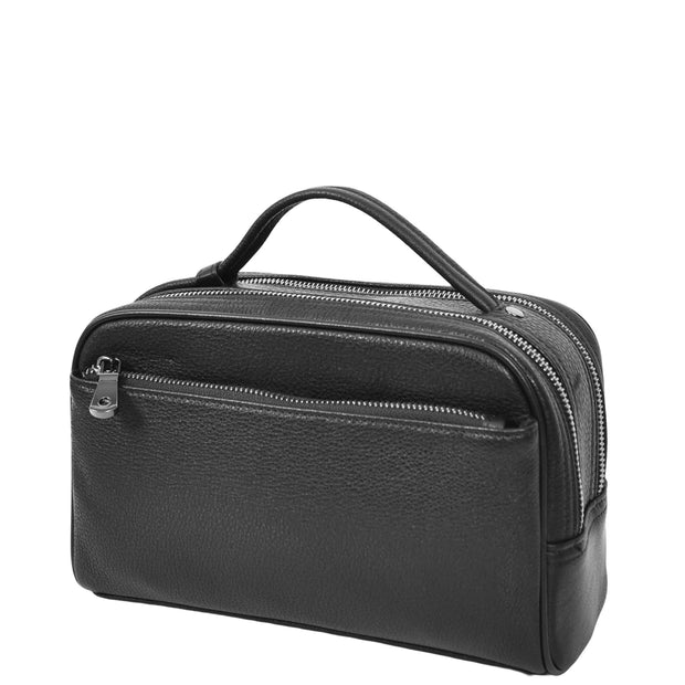 Full Grain Leather Wash Bag Toiletry Shaving Kit Cosmetics Travel Pouch AYD6 Black-4