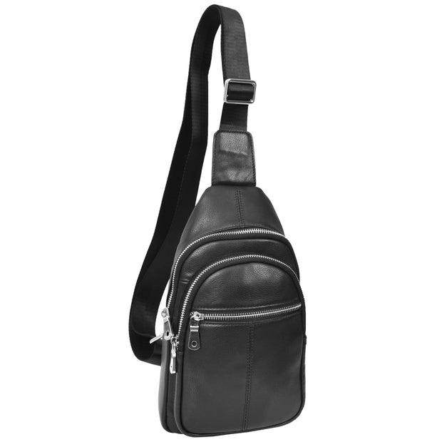 Mens Leather Front Chest Pack Travel Pouch Organiser Crossbody Bag A704 Black-1