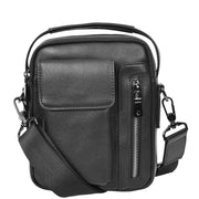 Mens Real Leather Messenger Bag Multiple Zip Pockets Sling Organiser Bag AYD8 Black-2