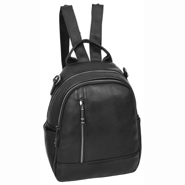 Womens Real Leather Backpack Multi-Zip Pockets Shoulder Bag Rucksack A665 Black-5