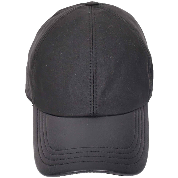 Waterproof Cotton Baseball Cap with Genuine Leather Peak and Adjustable Strap A19 Black-2