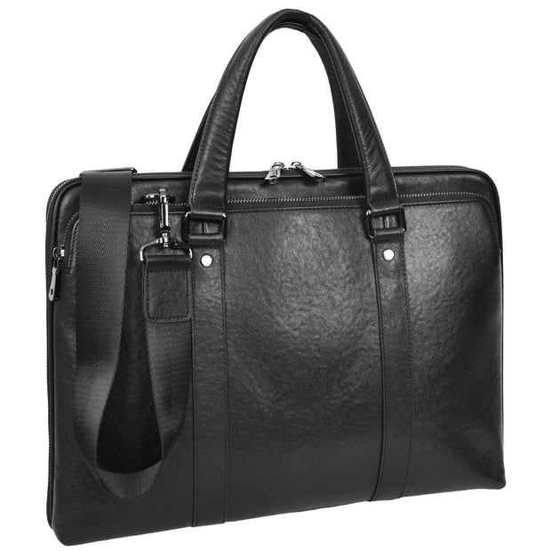 Women Men Leather Briefcase Slimline Multiple Zip Pockets Messenger Satchel Bag A978 Black-1