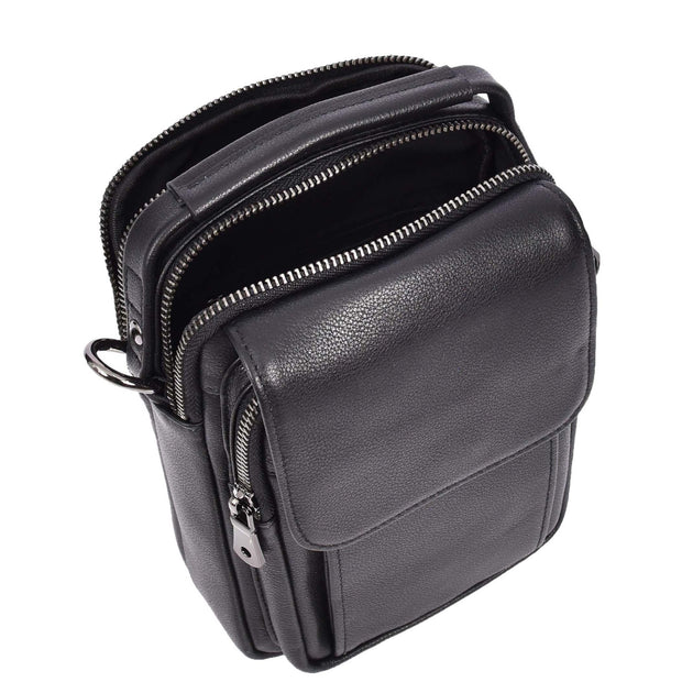 Mens Top Grain Black Leather Small Messenger Bag Multiple Pockets Casual Crossbody Organiser AD60