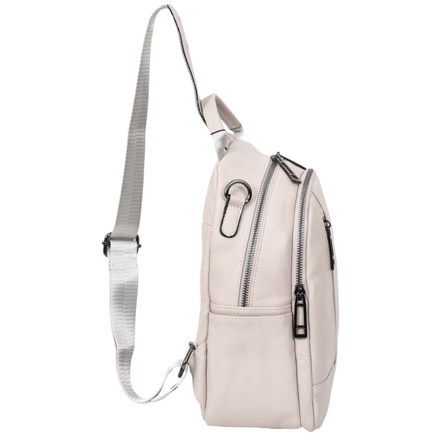 Womens Real Leather Backpack Multi-Zip Pockets Shoulder Bag Rucksack A665 Off White-3