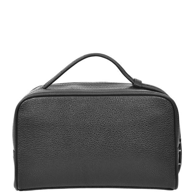 Full Grain Leather Wash Bag Toiletry Shaving Kit Cosmetics Travel Pouch AYD6 Black-2