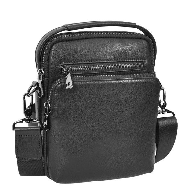 Mens Leather Messenger Bag Casual Crossbody Flight Bag A308 Black-1