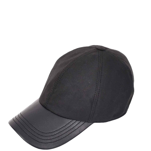 Waterproof Cotton Baseball Cap with Genuine Leather Peak and Adjustable Strap A19 Black-1