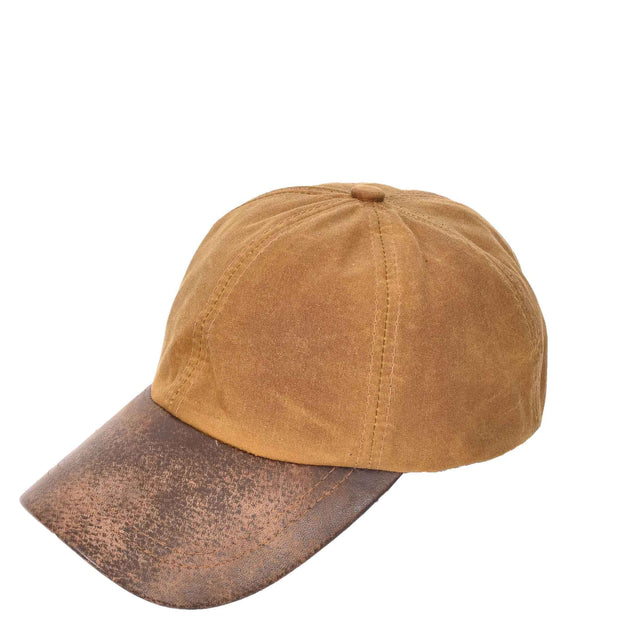 Waterproof Cotton Baseball Cap with Genuine Leather Peak and Adjustable Strap A19 Tan Antique-1