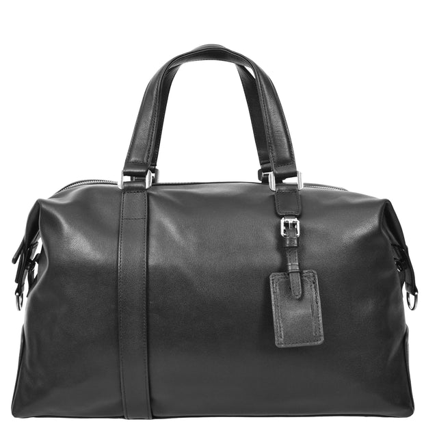 Real Leather Holdall Mid Size Padded Laptop Section Weekend Travel Duffle A007 Black-4