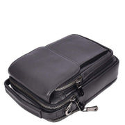 Mens Top Grain Black Leather Small Messenger Bag Multiple Pockets Casual Crossbody Organiser AD60