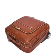 Premium Leather Pilot Case Wheeled Briefcase Business Travel Laptop Bag Multi Zip Pockets A51 Tan