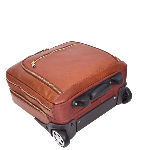 Premium Leather Pilot Case Wheeled Briefcase Business Travel Laptop Bag Multi Zip Pockets A51 Tan