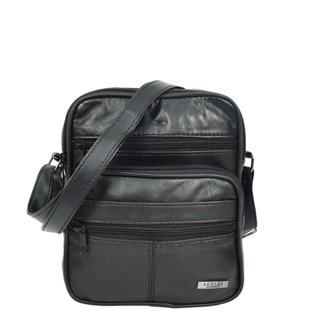 Mens Black Leather Flight Bag Cross Body Multi Pocket Messenger A145