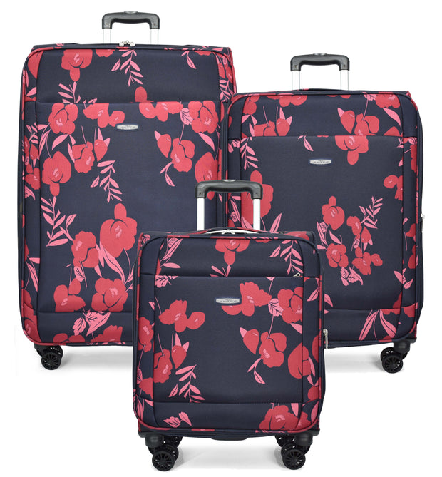 Four Wheel Soft Suitcase Expandable Luggage Travel Bags Floral Print Navy-full set