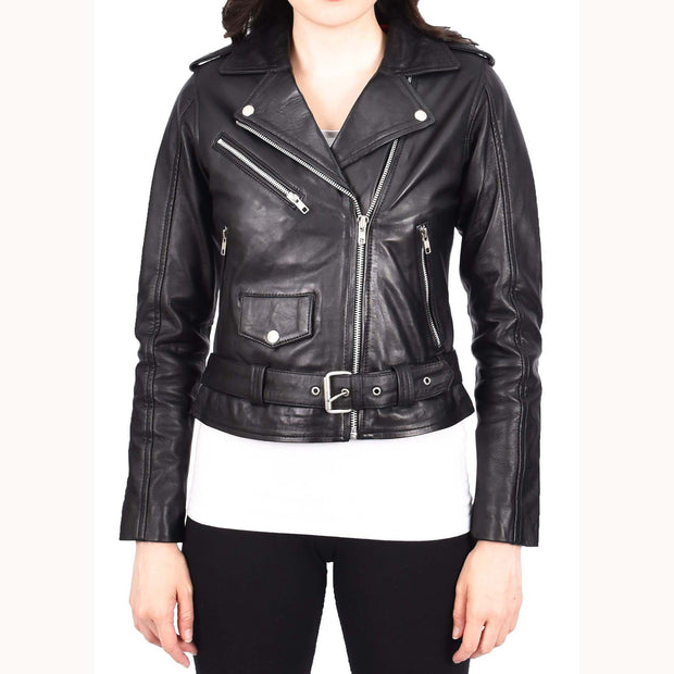 Womens Authentic Soft Leather Biker Jacket Slim Fit Jessie Black-1