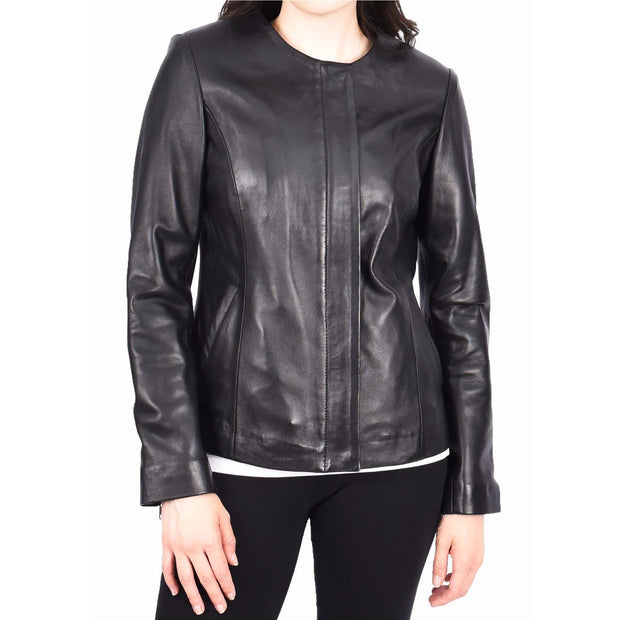 Women Black Leather Jacket Collarless Neckline Soft Fitted Zip Fasten Elena-1