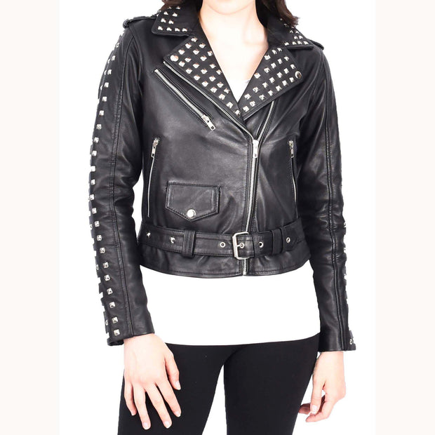 Womens Black Leather Studded Biker Jacket Fitted Brando Style - Stella-1