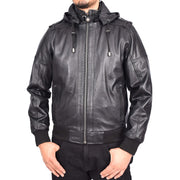 Men's Genuine Leather Bomber Jacket Trendy Removable Hood Casual Style Stevie Black-1