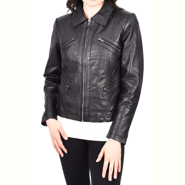 Ladies Soft Leather Jacket Fitted Collared Zip Fasten Biker Style Leah Black-1