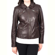 Ladies Soft Leather Jacket Fitted Collared Zip Fasten Biker Style Leah Brown-1