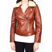 Womens Real Chestnut Leather Trendy Biker Jacket With Removable Sheepskin Collar Rosie-1