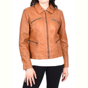 Ladies Soft Leather Jacket Fitted Collared Zip Fasten Biker Style Leah Tan-1