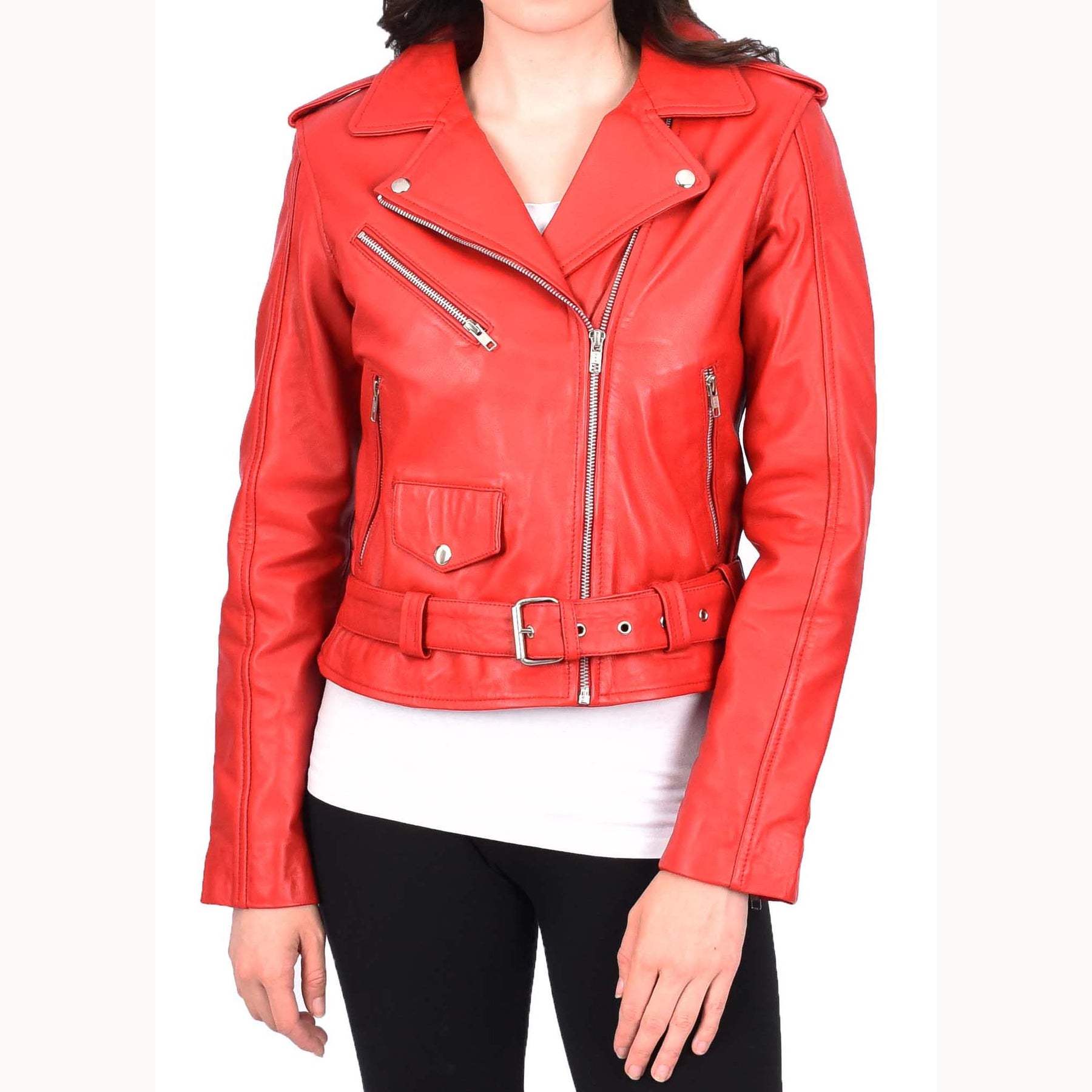 Women's Red 100% Genuine Soft hot Real Leather Biker Jacket, Women Red Leather (XL)