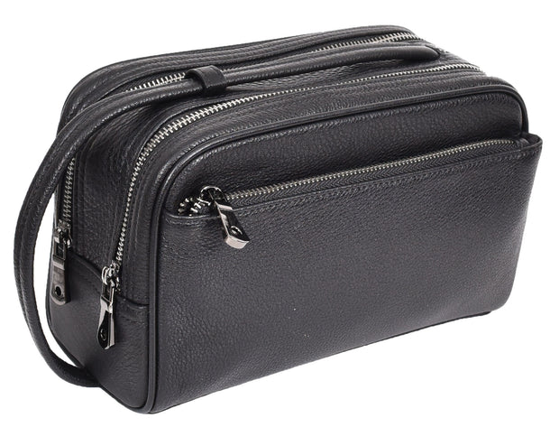 Full Grain Leather Wash Bag Toiletry Shaving Kit Cosmetics Travel Pouch AYD6 Black-1