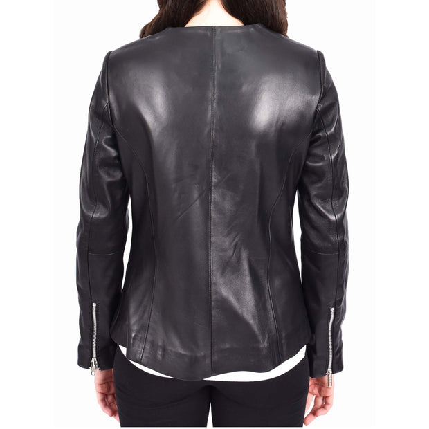 Women Black Leather Jacket Collarless Neckline Soft Fitted Zip Fasten Elena-2