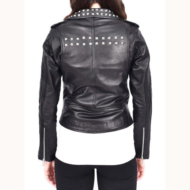 Womens Black Leather Studded Biker Jacket Fitted Brando Style - Stella-2