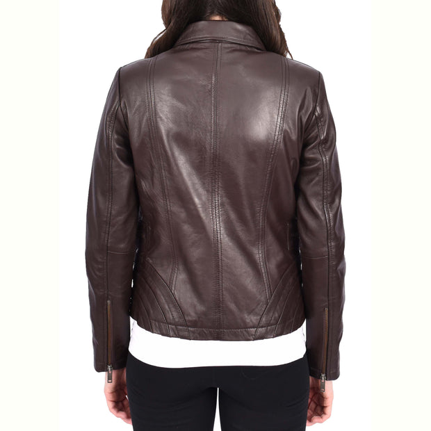 Ladies Soft Leather Jacket Fitted Collared Zip Fasten Biker Style Leah Brown-2