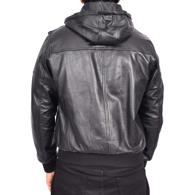 Men's Genuine Leather Bomber Jacket Trendy Removable Hood Casual Style Stevie Black-2