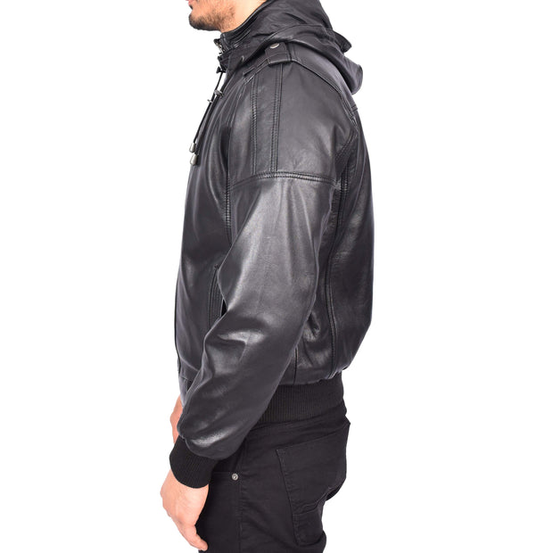 Men's Genuine Leather Bomber Jacket Trendy Removable Hood Casual Style Stevie Black-3