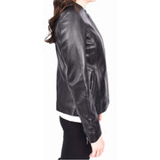 Women Black Leather Jacket Collarless Neckline Soft Fitted Zip Fasten Elena-3