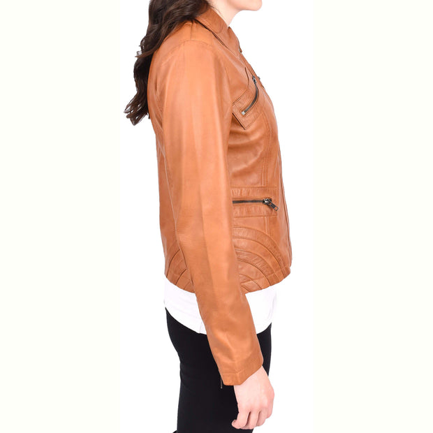 Ladies Soft Leather Jacket Fitted Collared Zip Fasten Biker Style Leah Tan-3