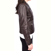 Ladies Soft Leather Jacket Fitted Collared Zip Fasten Biker Style Leah Brown-3